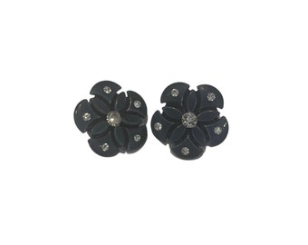 Vintage Navy Blue Lucite and Rhinestone Flower Earrings, Clip Earrings, Costume Jewelry