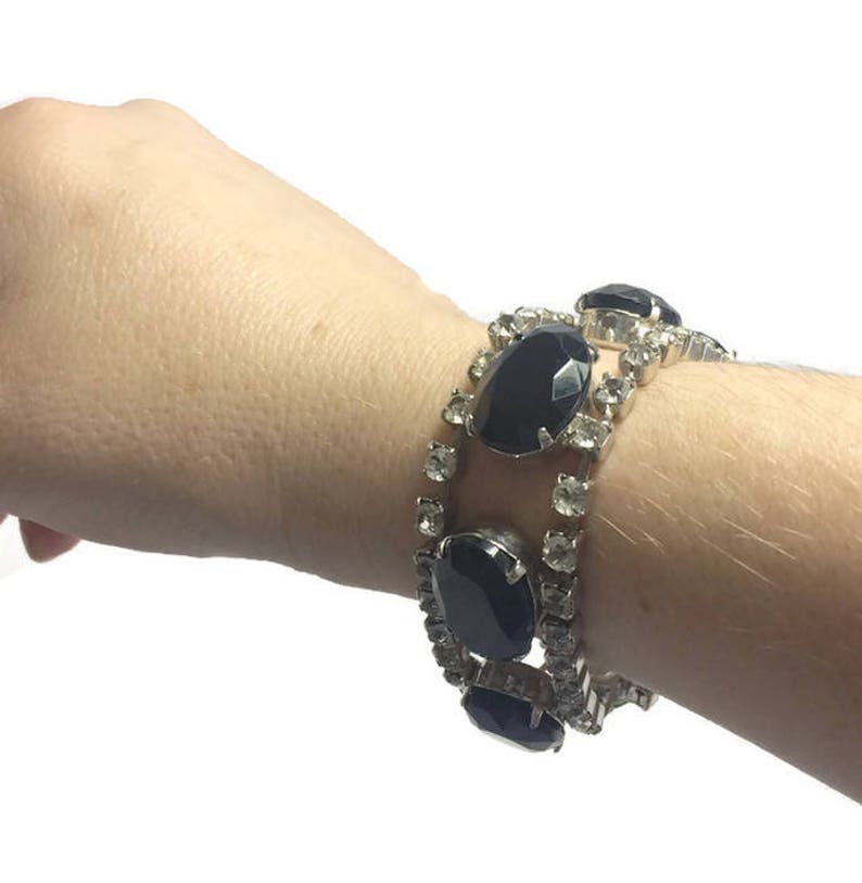 Tennis Bracelet 1950s Costume Jewelry ON SALE Vintage Black Glass and Rhinestone Bracelet