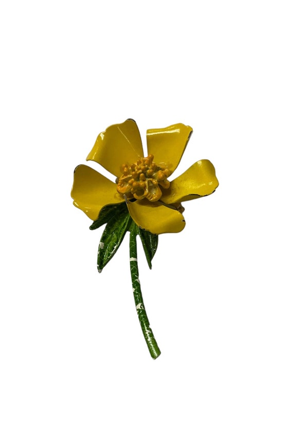 AS IS Mod Yellow and Green Enamel Flower Brooch, V