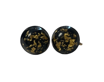 Black and Gold Confetti Lucite Earrings, Vintage 1950s Clip Earrings, Button Earrings, Costume Jewelry