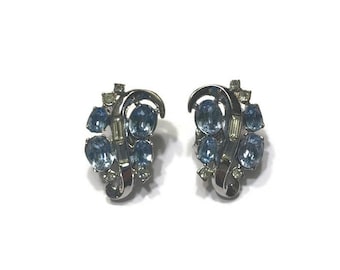 Signed Trifari Earrings, Vintage Blue and Clear Rhinestone Earrings, Wedding Bridal Jewelry, Costume Jewelry