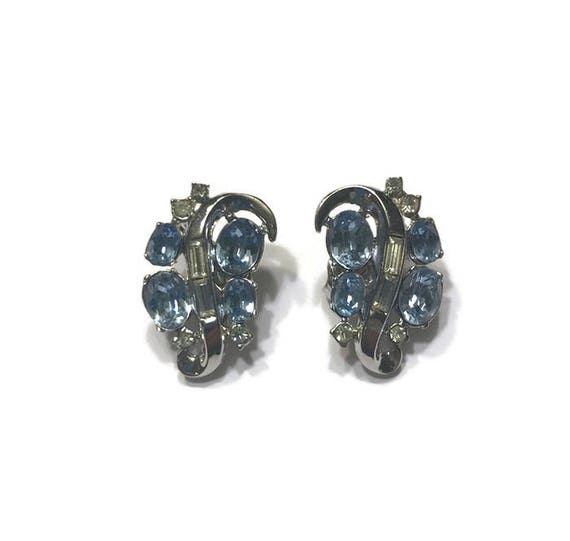 Signed Trifari Earrings, Vintage Blue and Clear R… - image 1