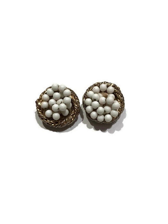 Signed CARNEGIE Earrings, White Beaded Earrings, … - image 1