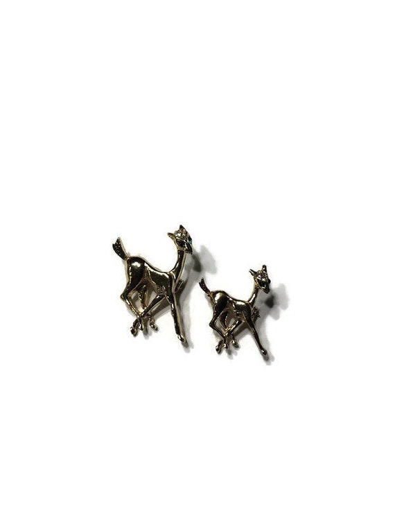 Vintage Deer Brooches, Pair of Gold Tone and Rhin… - image 1