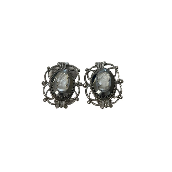 Signed Whiting & Davis Earrings, Silver Tone Cameo Intaglio Earrings, Costume Jewelry