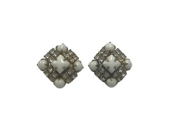Vintage Rhinestone and Milk Glass Earrings, 1950s Earrings, Costume Jewelry