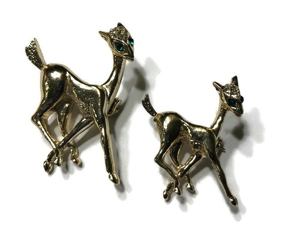 Vintage Deer Brooches, Pair of Gold Tone and Rhin… - image 3