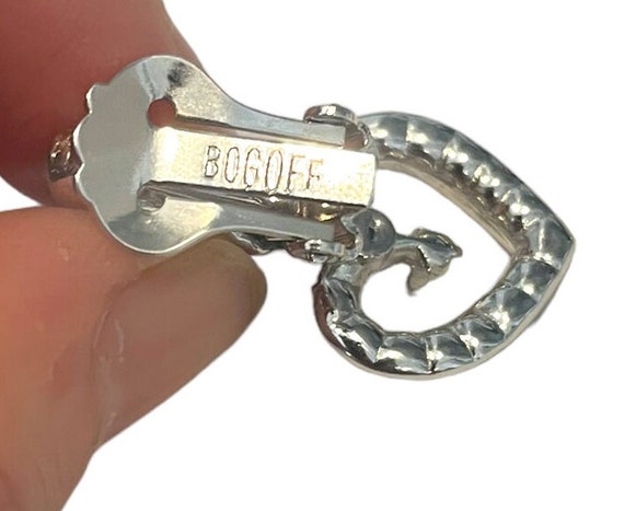 Signed Bogoff Earrings, Heart Shaped Dangle Rhine… - image 3