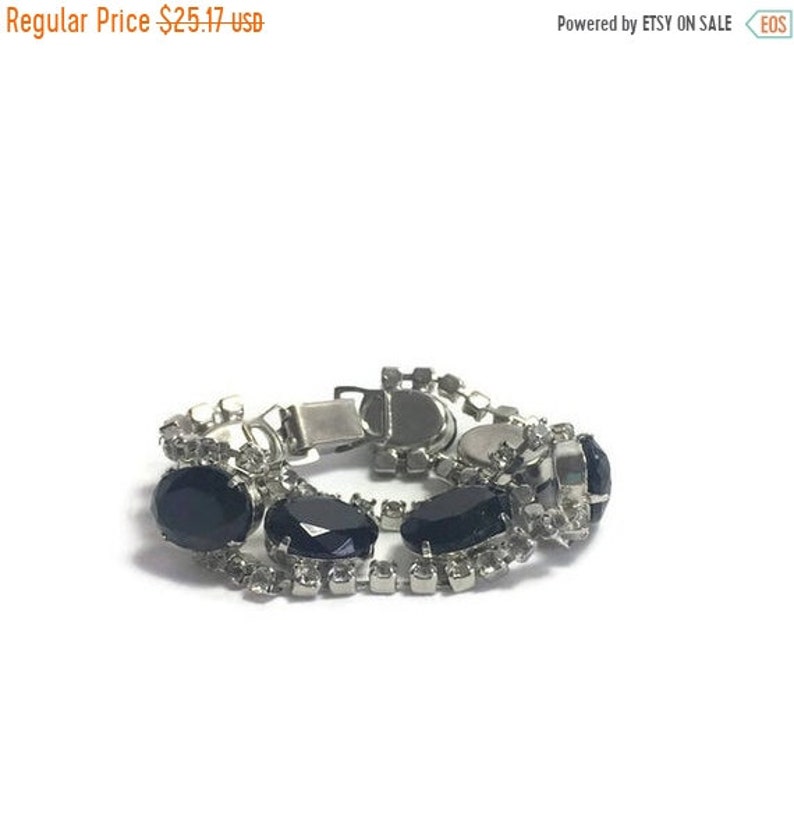Tennis Bracelet 1950s Costume Jewelry ON SALE Vintage Black Glass and Rhinestone Bracelet