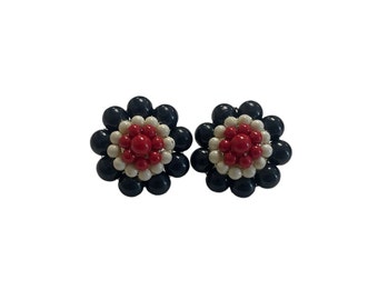 Beaded Cluster Earrings, 1960s Red White and Blue Bead Earrings, Vintage Patriotic Clip Earrings, Costume Jewelry