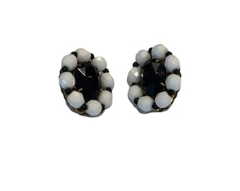 Signed Miriam Haskell Earrings, Vintage Black and White Beaded Earrings, Clip Earrings, 1950s Costume Jewelry