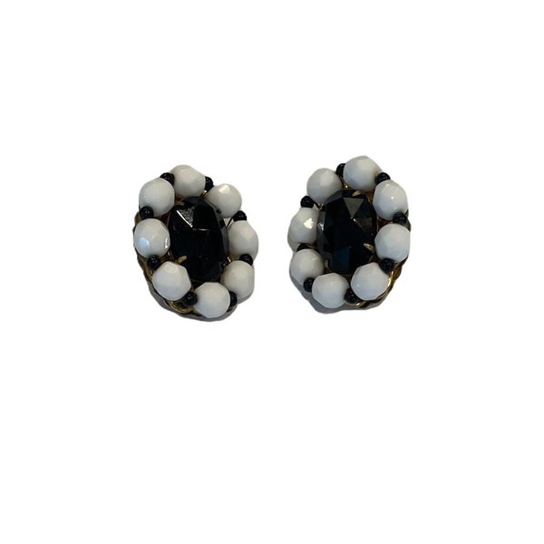 Signed Miriam Haskell Earrings, Vintage Black and White Beaded Earrings, Clip Earrings, 1950s Costume Jewelry