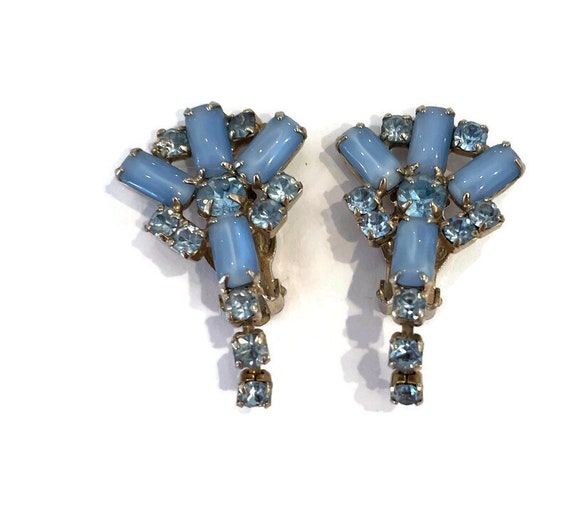 Vintage Blue Rhinestone and Milk Glass Earrings, 1950s Earrings 