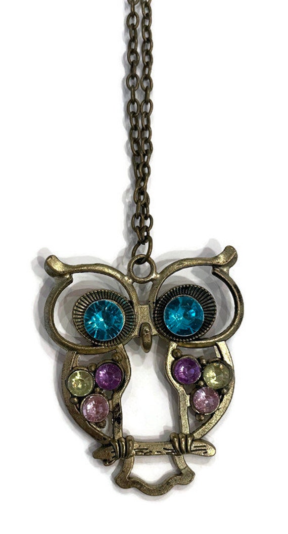 Vintage 1970s Brass Tone Owl Necklace with Colore… - image 2