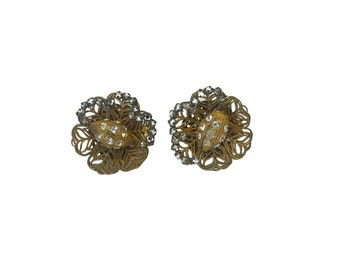 Signed Miriam Haskell Earrings, Vintage Gold Filigree and Rhinestone Earrings, Screw-Hinge Back Earrings, Costume Jewelry