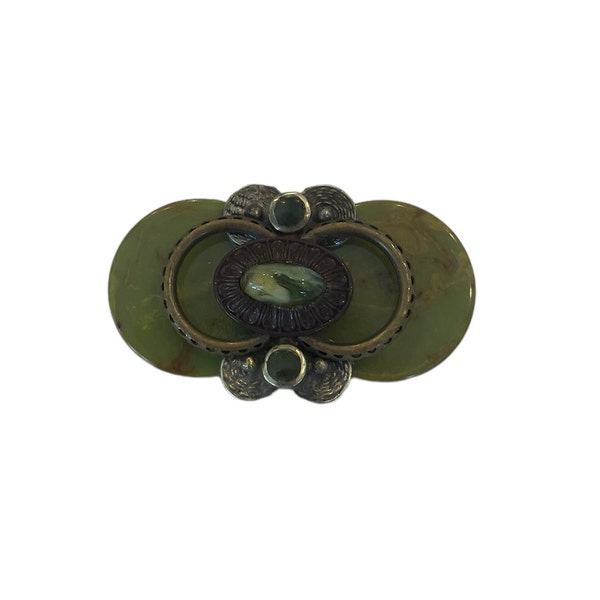 Signed Kim Craftsmen Bakelite Brooch, Spinach Swirl Green Bakelite Pin with Metal and Glass Accents, Costume Jewelry