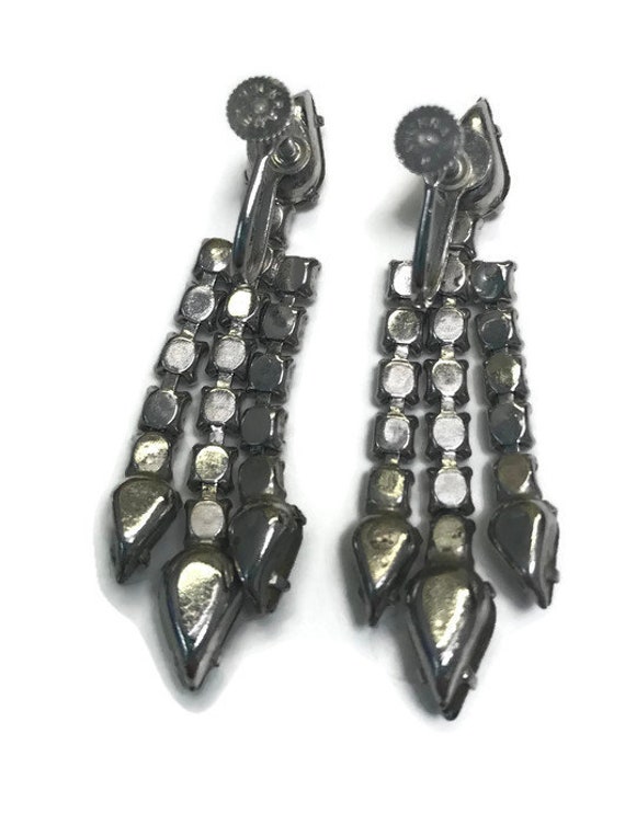 Signed Kramer Earrings, Rhinestone Dangle Earring… - image 4