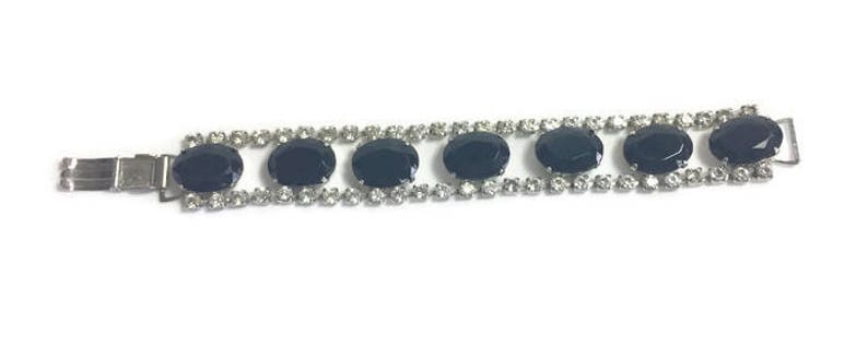 Tennis Bracelet 1950s Costume Jewelry ON SALE Vintage Black Glass and Rhinestone Bracelet