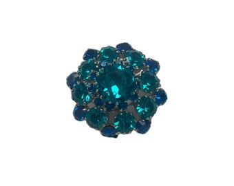 Vintage 1950s or 1960s Blue and Green Rhinestone Brooch or Pendant, Costume Jewelry