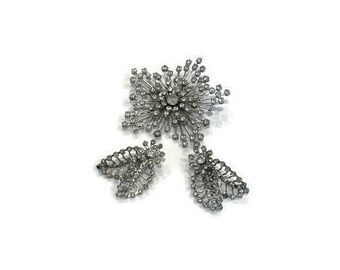 Large Silver and Rhinestone Starburst Jewelry Set, Vintage 1950s Demi Parure, Costume Jewelry