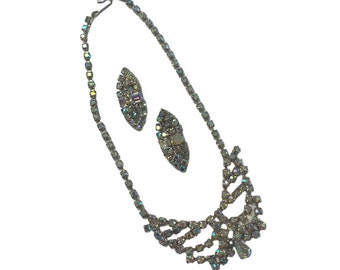 Aurora Borealis Rhinestone Necklace and Earrings, Vintage 1950s 1960s Jewelry Set, Demi Parure, Costume Jewelry