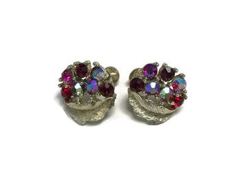 Red Aurora Borealis Rhinestone Earrings, Signed Lisner Earrings, Vintage Screw Back Earrings, Costume Jewelry