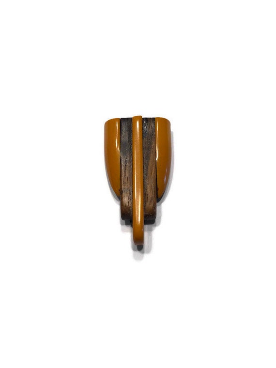 Bakelite and Wood Dress Clip, Butterscotch Bakeli… - image 1
