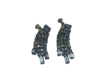 Pale Blue Rhinestone Dangle Earrings, Vintage 1950s Clip Earrings, Wedding Bridal Jewelry, Costume Jewelry