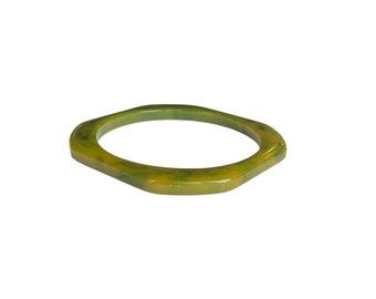 Marbled Green and Yellow Octagonal Bakelite Bangle, Vintage 1930s 1940s, Geometric Bakelite Bracelet, Costume Jewelry