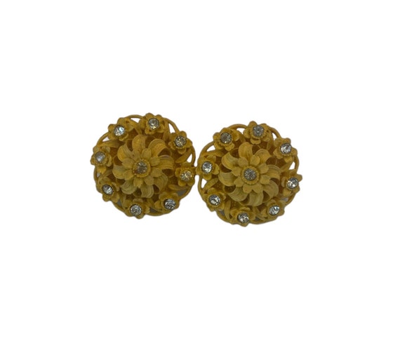 Yellow Celluloid and Rhinestone Flower Earrings, … - image 1