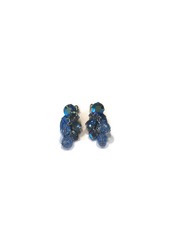 Signed Weiss AB Rhinestone and Blue Bead Earrings… - image 1