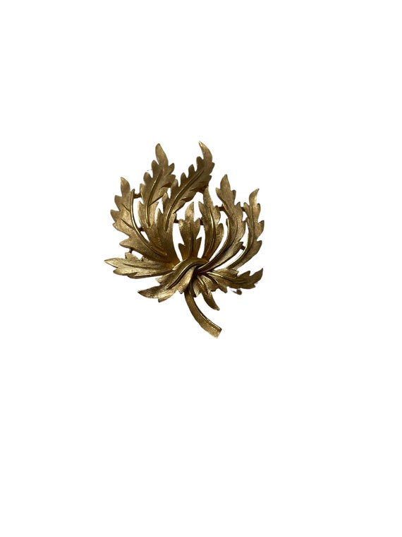 Signed Trifari Brooch, Gold Tone Leaf Brooch, 195… - image 1
