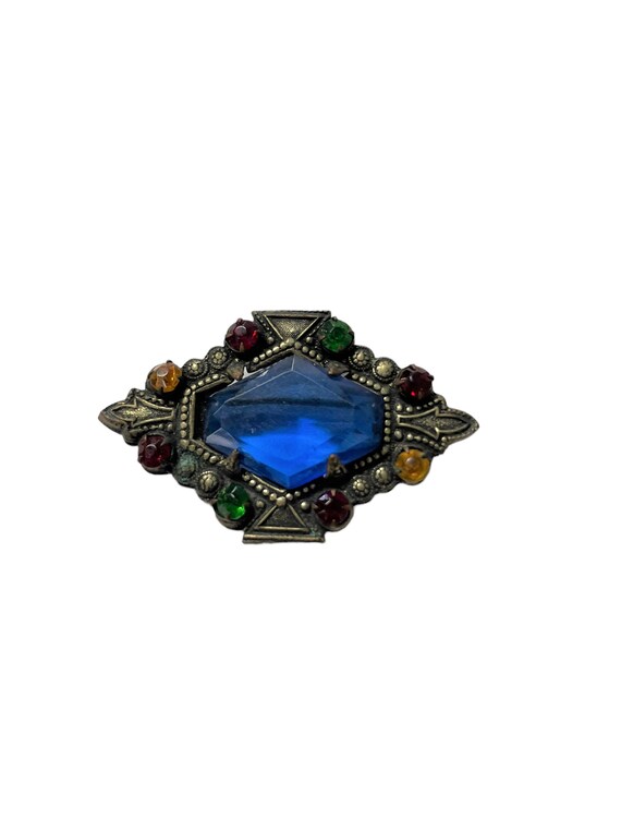 Vintage Czech Glass and Brass Brooch, 1930s 1940s 