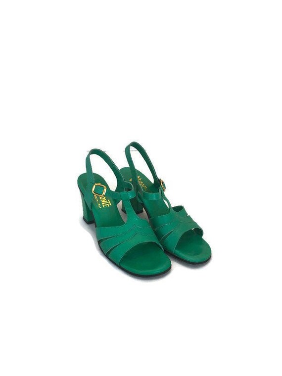 70s Does 40s Green Leather Slingback Sandals, Mira