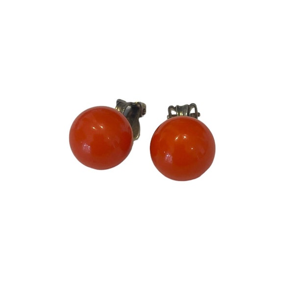 Vintage Orange-Red Bakelite Earrings, 1930s 1940s Bakelite Spheres, Clip Earrings, Costume Jewelry