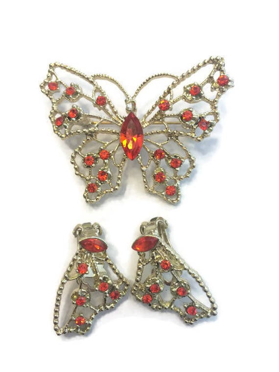 Signed Dodd Demi Parure, Red Rhinestone Butterfly… - image 2