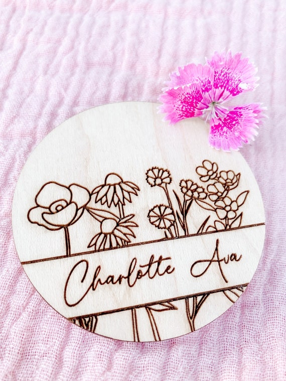 Floral Wooden Baby Name Announcement Sign | Custom Flower Engraved Baby Name Plaque | Modern Birth Announcement | Newborn Photo Prop Il_570xn