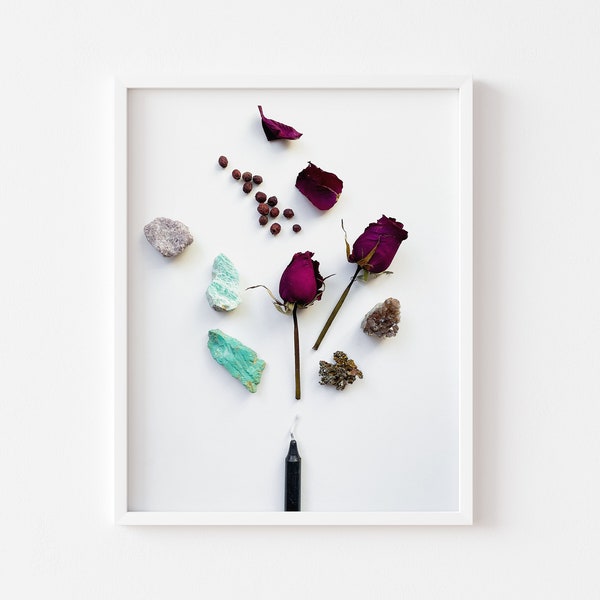 Lepidolite & Turquoise Crystal Wall Art, Witchy Decor, Crystal Photography, Gemstone Print, Botanical Art, Crystals Wall Decor