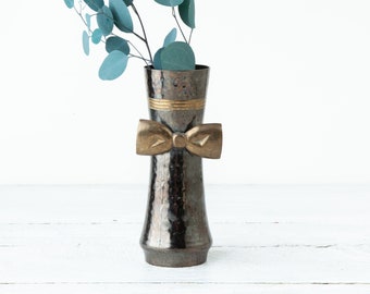 Vintage Brass Vase with Bow - Black and Gold Vase - Unique Metal Vase - Brass Decor - Wedding Decor - Centerpiece Vase - Valentines Day Gift