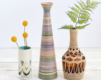 ONE Vintage Vase - Crocheted Glass Bottle - Lavender Madeline Originals - May Lis Dryden Vase - Midcentury Decor- Retro Vases- Tall Bud Vase