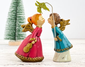 Vintage Kissing Angels - Mid Century Christmas Decor - Holiday Decorations - Mistletoe Kissing Figurines - Christmas Angels - Retro Decor