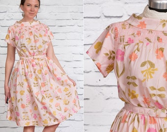 Vintage Pink Floral 60's Dress by Carol Brent - Light Pink Floral Knee Length - Cotton Poly Blend Tea Dress - Lightweight Dress with Belt