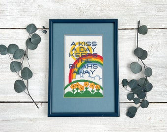 Vintage Cross Stitched Art with Rainbow & Quote - Floral Stitched Saying - A Kiss A Day Needlepoint Art- Cross Stitch Decor- Embroidered Art