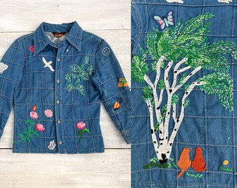 Vintage 70's Embroidered Denim Jacket - Colorful Embroidery - Retro Hippie Wear - Size Small Jacket with Tree and Flowers - Dog Lover Coat