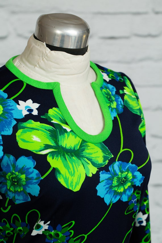 Vintage Vibrant Blue and Green Floral Dress - 60'… - image 3