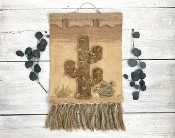 Vintage Woven Wall Hanging with Cactus - 80's Fiber Art for Wall - Cactus Art - Bohemian Decor - Boho Chic Wall Hanging - Wall Decor Weaving