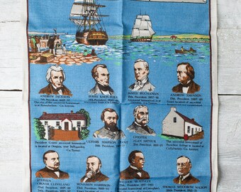 Vintage Kitchen Linen Towel - American Presidents of Ulster Descent - Dish Towel - Historical Decor Screenprinted Dishtowel - Souvenir Towel