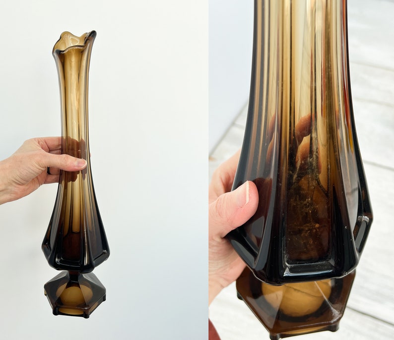 ONE Vintage Mid Century Swung Vase Vibrant Blown Glass Tall Narrow Vase MCM Slag Glass Vase Fenton Amberina Hobnail Viking L.E. Smith Brown Vase