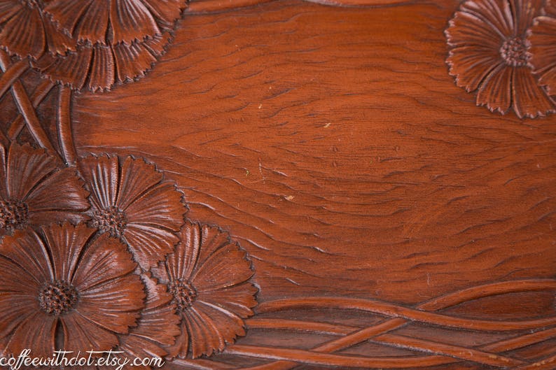 Vintage Pressed Tray Faux Carved Wood Dish Floral Serving Tray Syroco Wood Farmhouse Decor Centerpiece Tray Trinket Dish image 3
