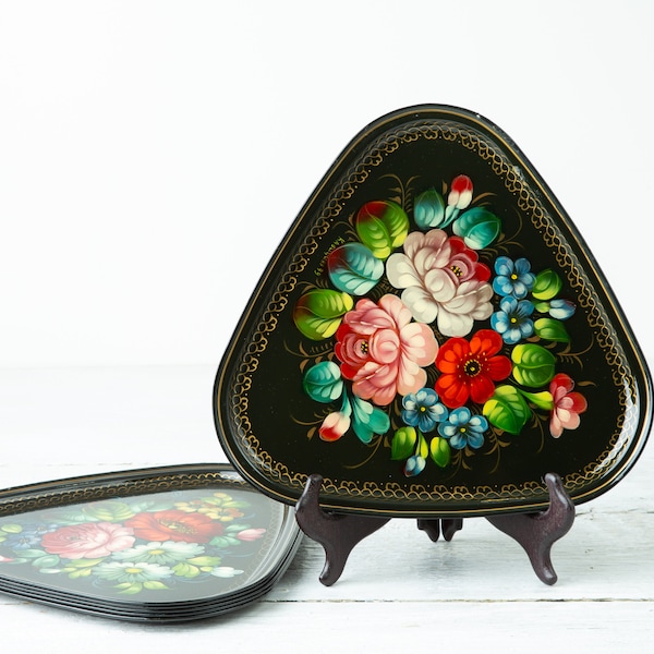 6 Vintage Hand Painted Tole Trays - Zhostovo Floral Platters - Painted Metal Tray Set - Russian Folk Art - Decorative Toleware - Khokhloma